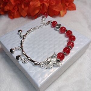 Elegant Silver and Red Beaded Bracelet
